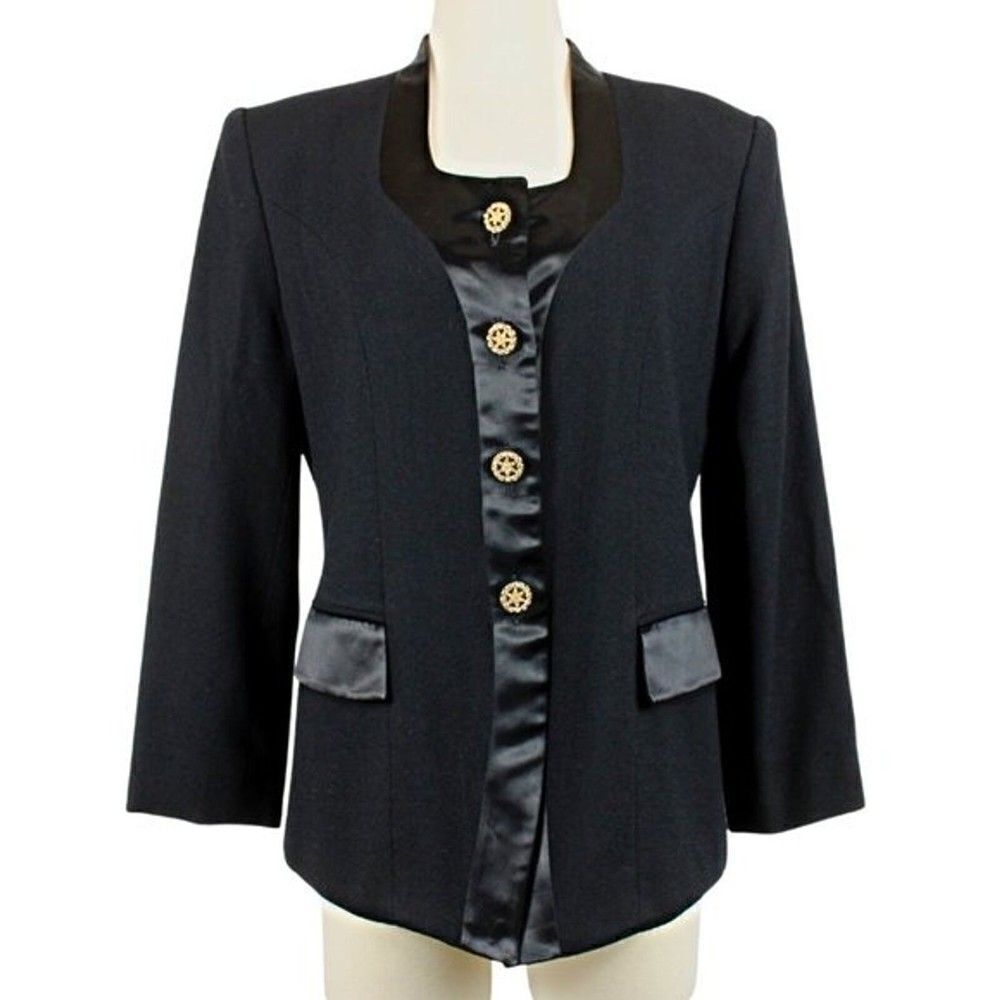 Evening Jacket Vintage Satin Trim Flap Pockets Rhinestone Buttons Black Size 8